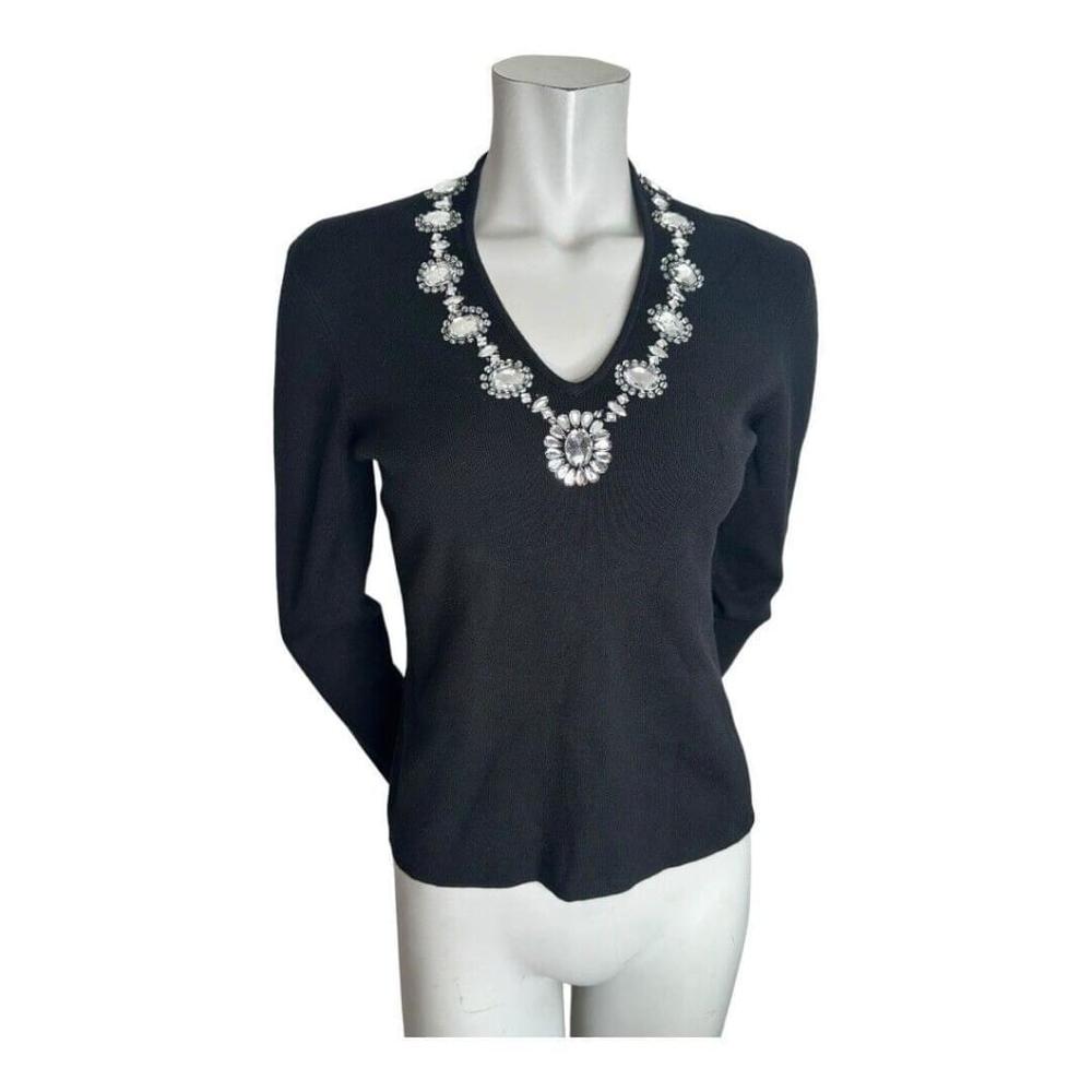 Belldini Black V Neck Jewel Trimmed Sweater Size Medium